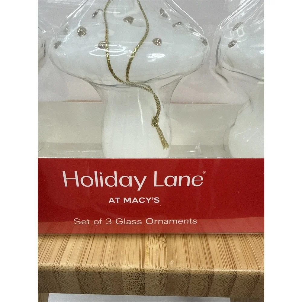 Holiday Lane Macy's Mushroom White Glass‎ Christmas Ornaments Set Of 3 NIB